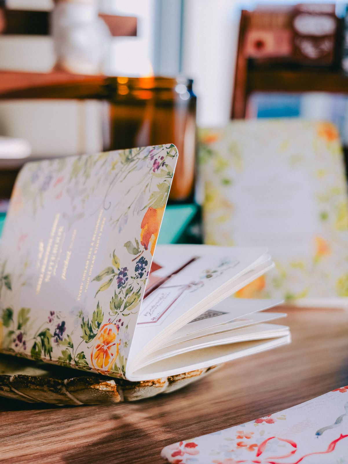 Meow Illustration Passport-sized Gold Foil Slim Notebook - Rainbow and Birds