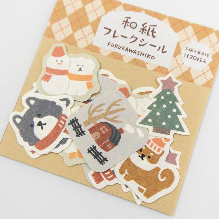 Furukawashiko Washi Flake Seal Sticker Packet - Dog and Snow, Winter Limited