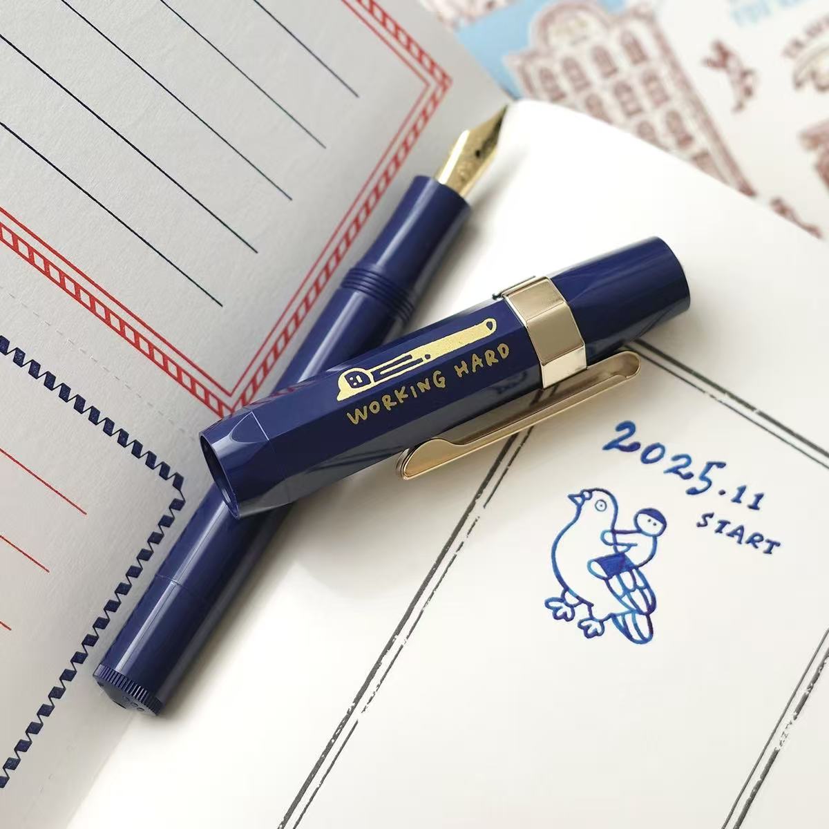 Littlelu x Kaweco Working Hard Fountain Pen - Navy, with Gold Clip