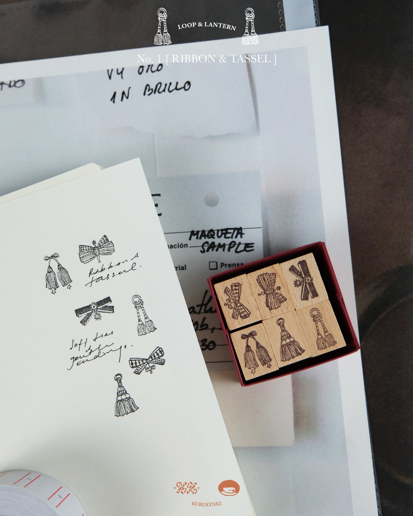 kurukynki Rubber Stamp - Loops & Lantern, No.1 Ribbon& Tassel