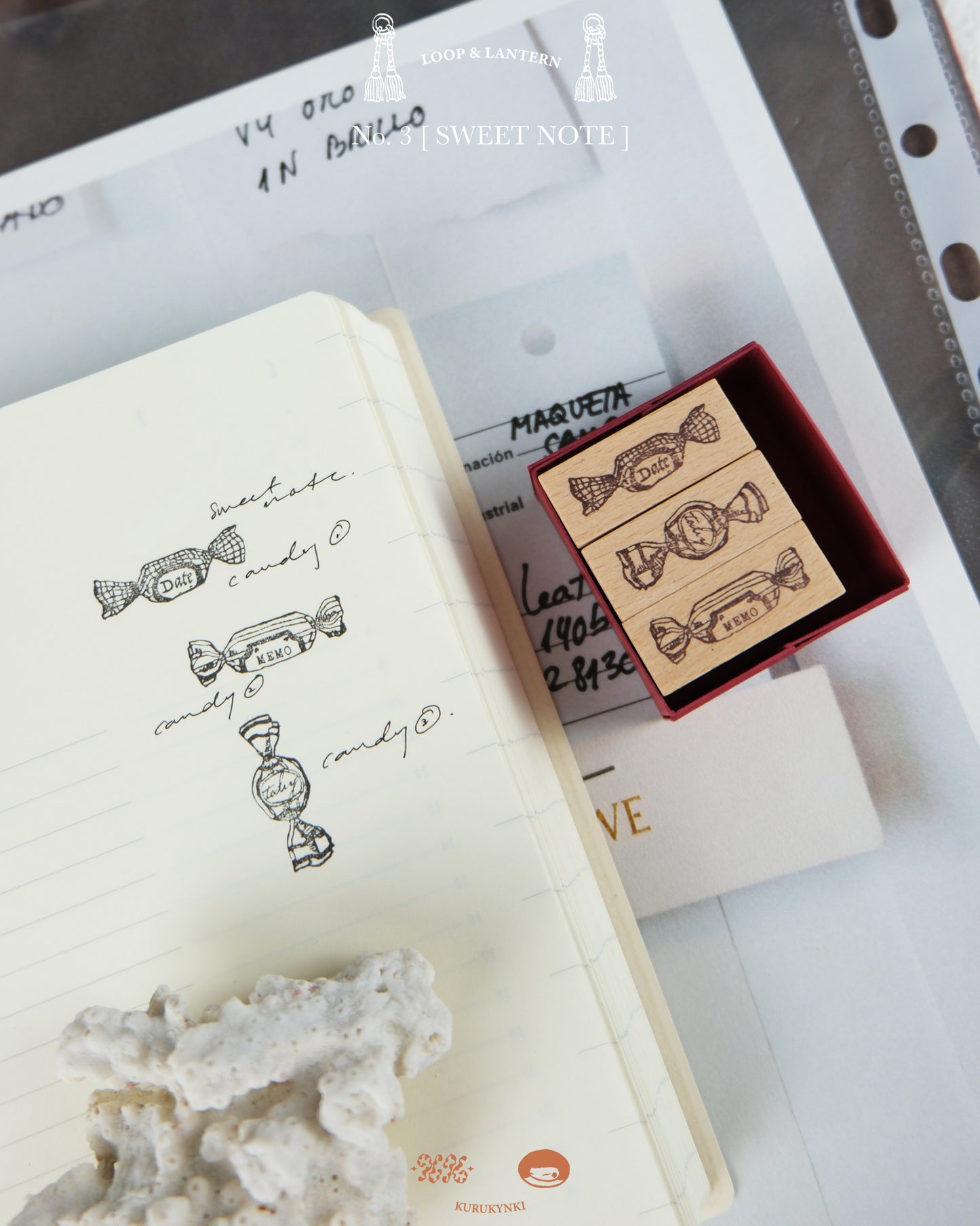 kurukynki Rubber Stamp - Loops & Lantern, No.3 Sweet Notes