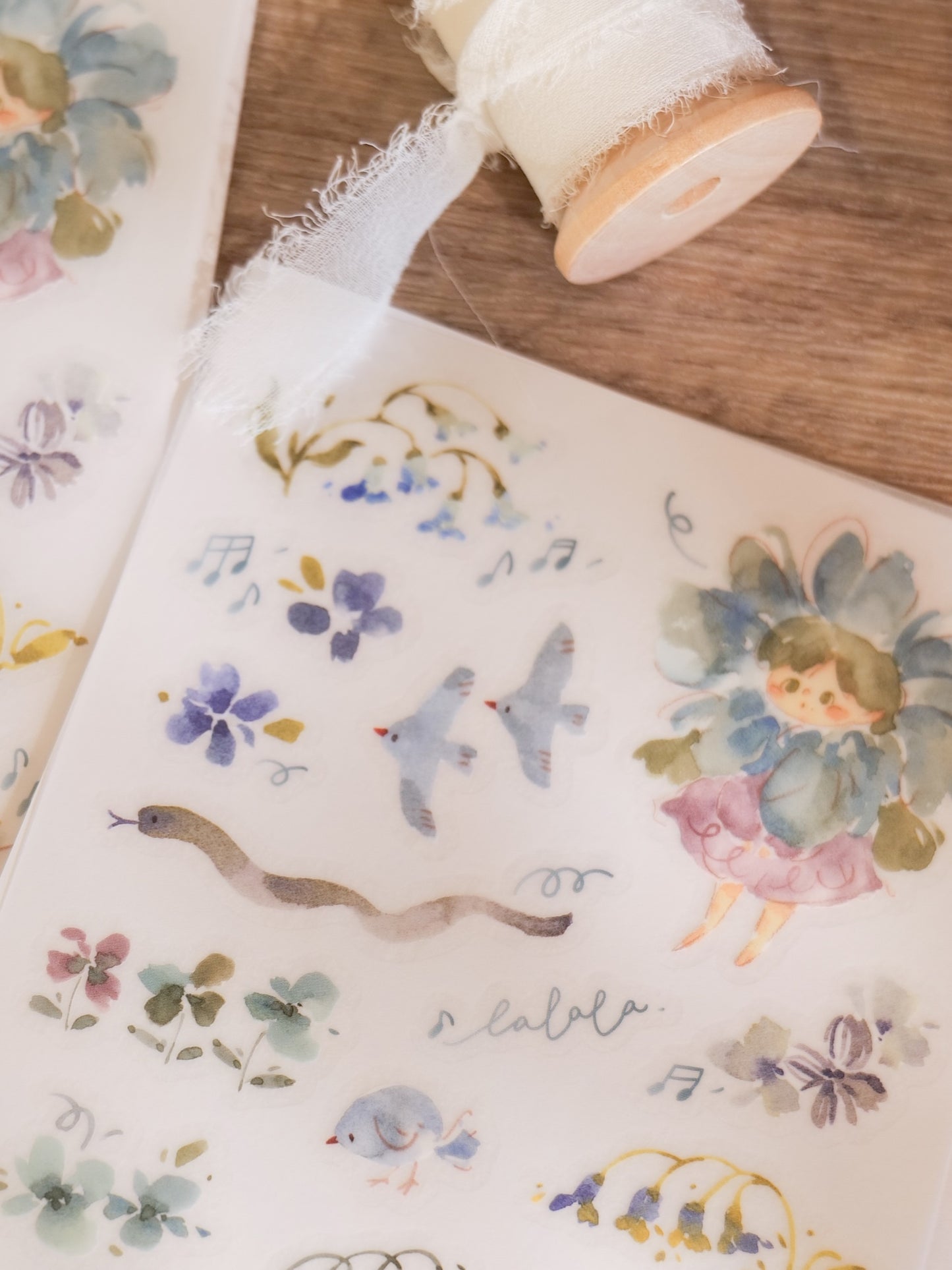 Meow Illustration Print-On Stickers - No.8 Flower Girl, Bamboo