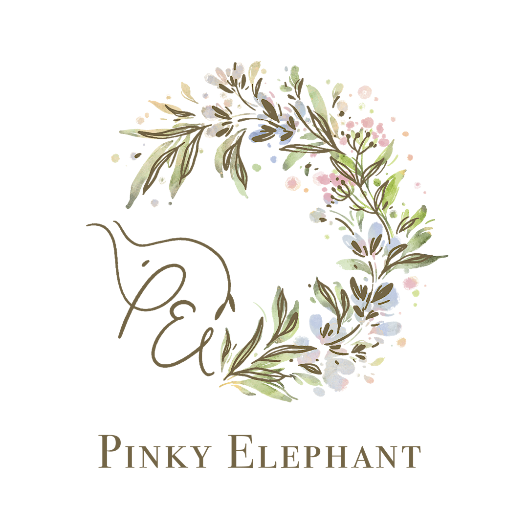 Pinky Elephant Floral Wreath Logo with text