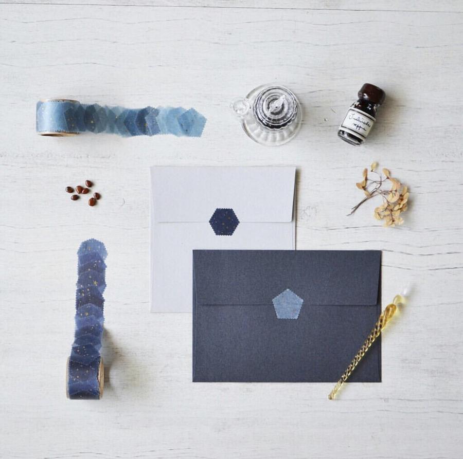 Top view of both light tone and dark tone knoten constellation of animals washi tape seal in actual use