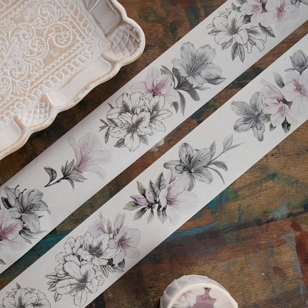 beautiful Loidesign gray and pink themed azalea washi tape in display in a background of wooden board and white ceramics