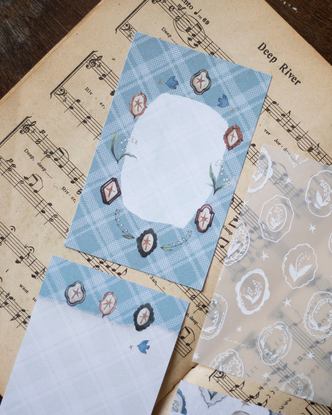Loidesign Mini 6 Size Floral Tray Memo Paper Set - Lily of the Valley Collection, Tracing Paper + Double-sided Writing Paper