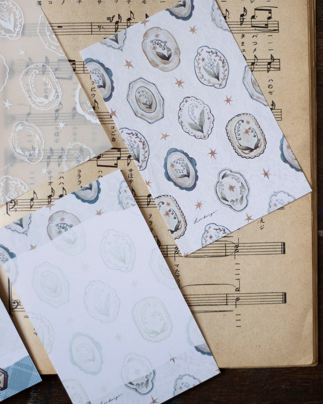 Loidesign Mini 6 Size Floral Tray Memo Paper Set - Lily of the Valley Collection, Tracing Paper + Double-sided Writing Paper