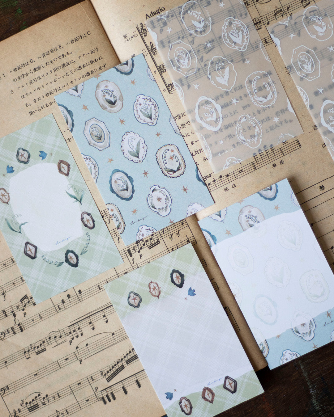 Loidesign Mini 5 Size Floral Tray Memo Paper Set - Lily of the Valley Collection, Tracing Paper + Double-sided Writing Paper