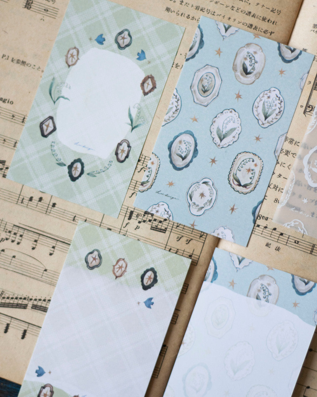 Loidesign Mini 5 Size Floral Tray Memo Paper Set - Lily of the Valley Collection, Tracing Paper + Double-sided Writing Paper