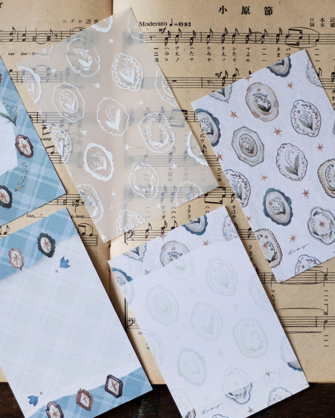 Loidesign Mini 6 Size Floral Tray Memo Paper Set - Lily of the Valley Collection, Tracing Paper + Double-sided Writing Paper