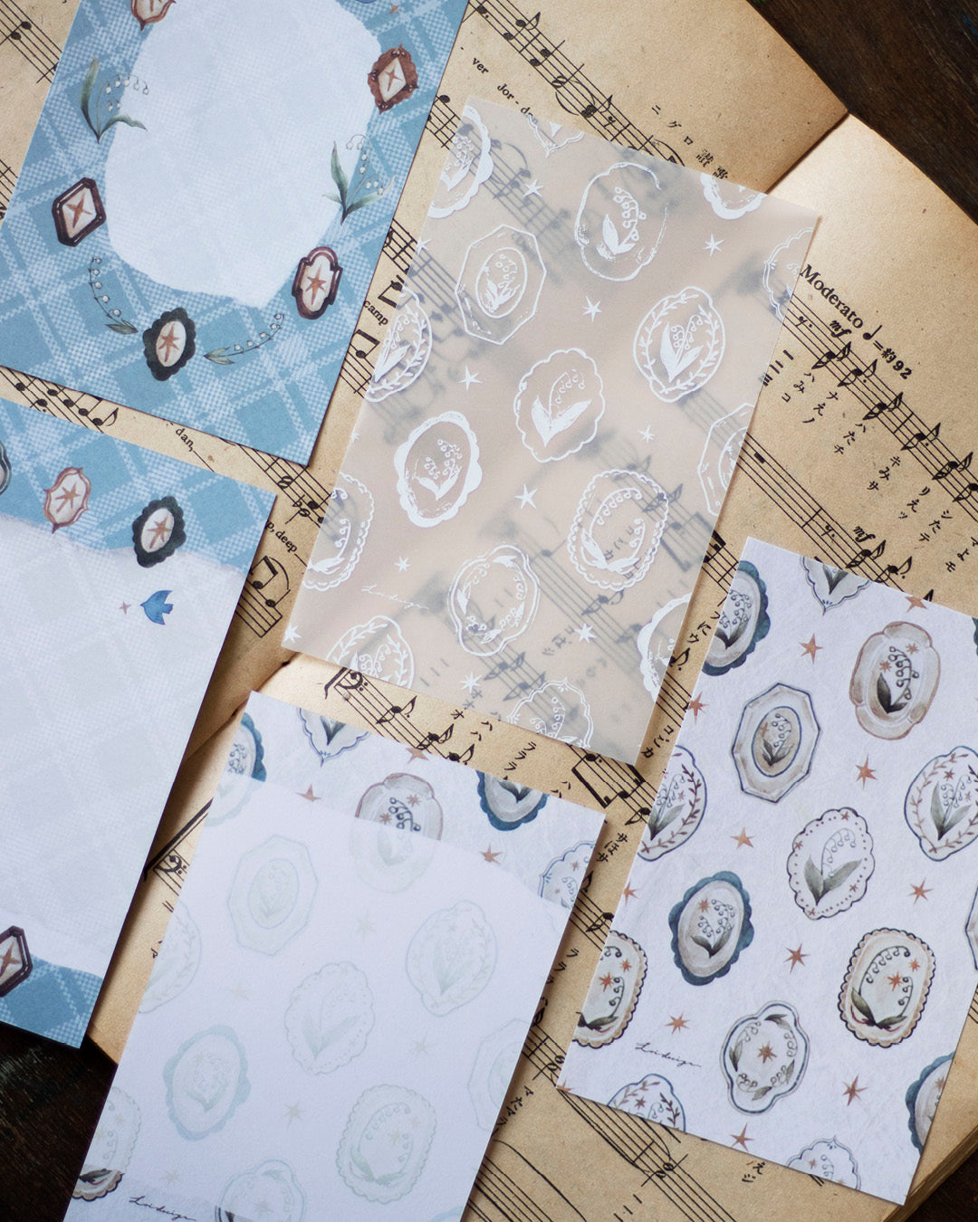 Loidesign Mini 6 Size Floral Tray Memo Paper Set - Lily of the Valley Collection, Tracing Paper + Double-sided Writing Paper