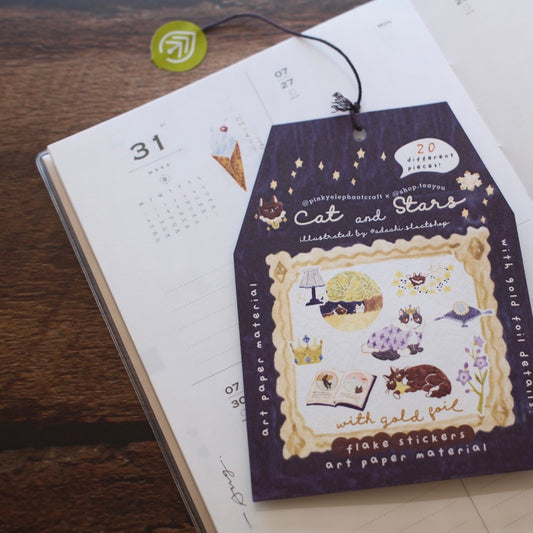 Teayou x Pinky Elephant Gold Foil Flake Sticker Packet - Cat and Stars
