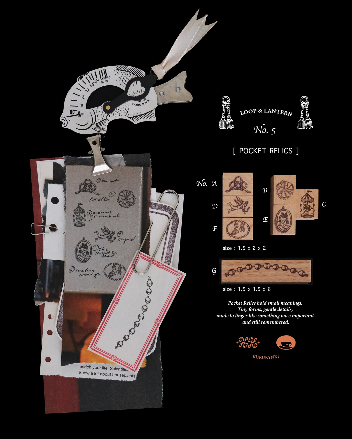 kurukynki Rubber Stamp - Loops & Lantern, No.5. Pocket Relics Mini Stamps