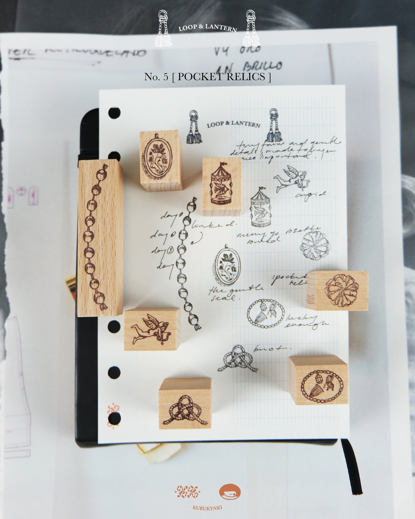 kurukynki Rubber Stamp - Loops & Lantern, No.5. Pocket Relics Mini Stamps