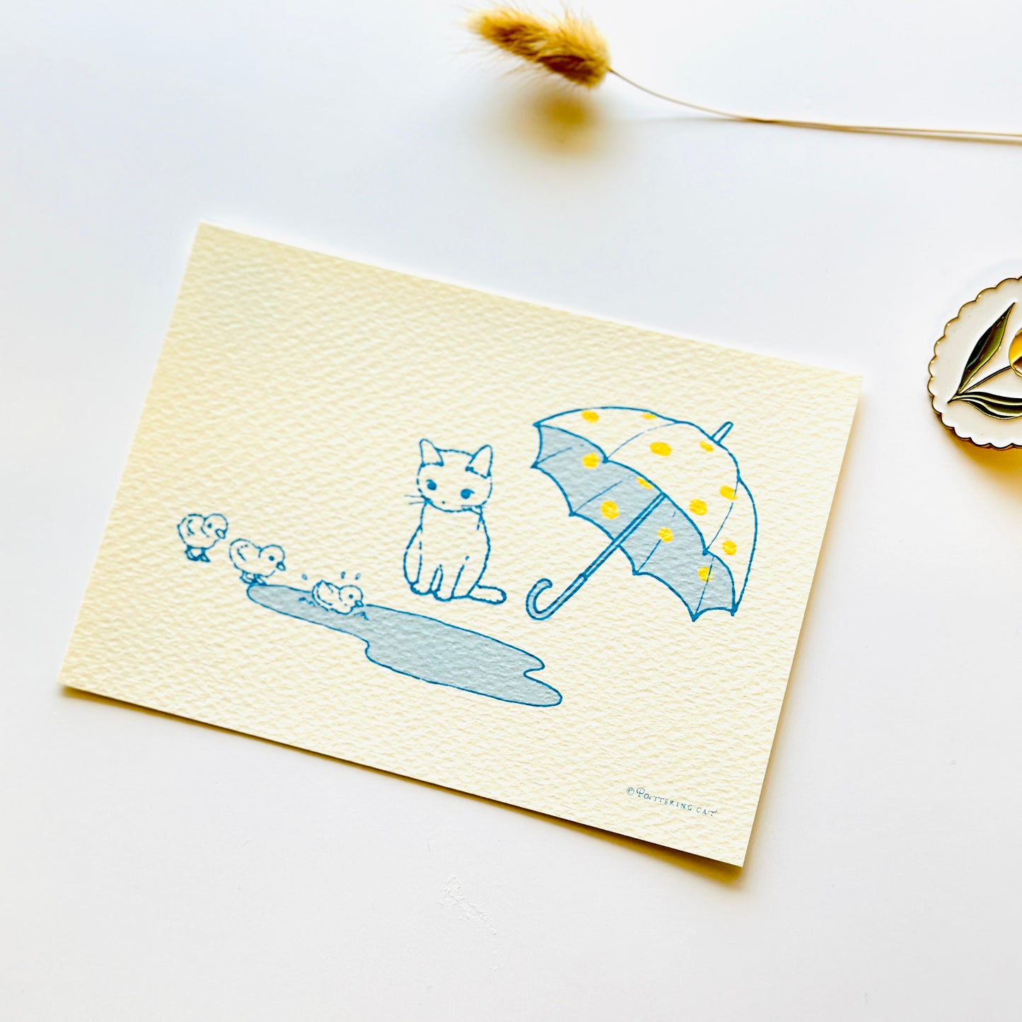 Pottering Cat Seasonal Post Card - June (Polka Dot Umbrella)