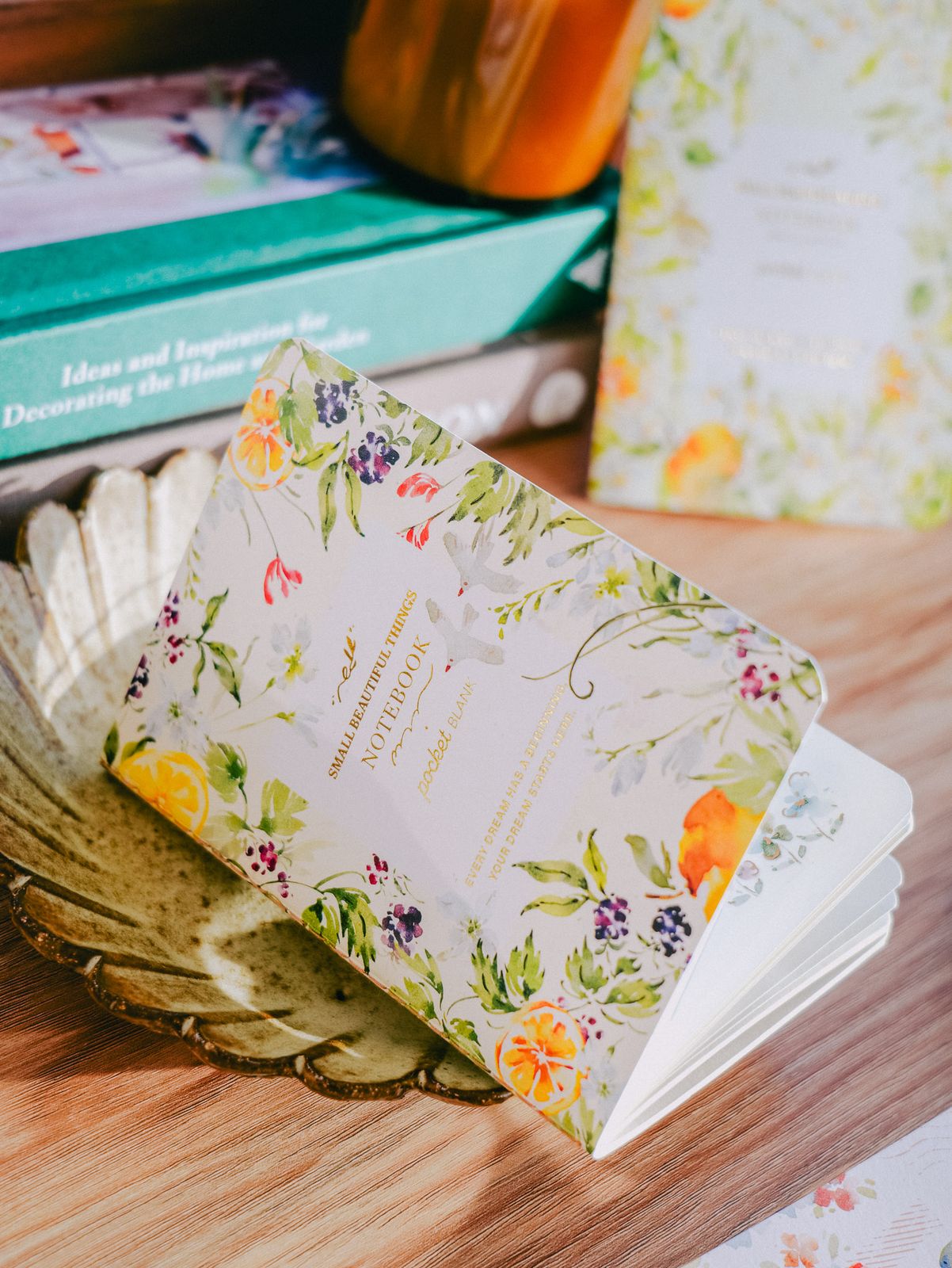 Meow Illustration Passport-sized Gold Foil Slim Notebook - Rainbow and Birds