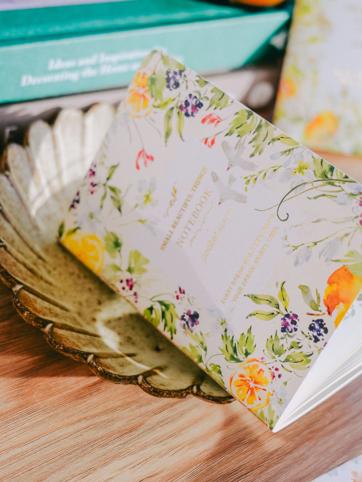 Meow Illustration Passport-sized Gold Foil Slim Notebook - Rainbow and Birds