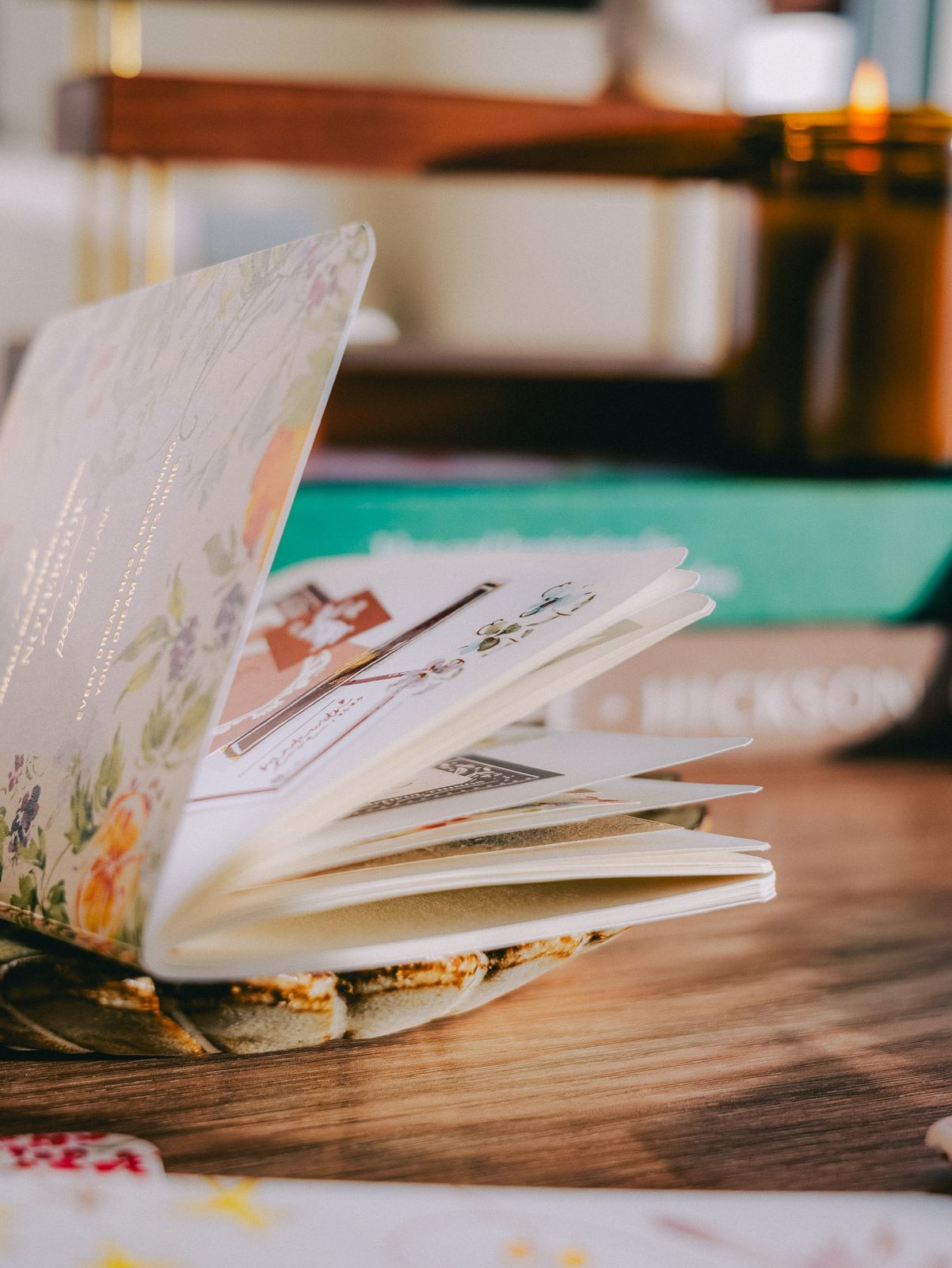 Meow Illustration Passport-sized Gold Foil Slim Notebook - Rainbow and Birds