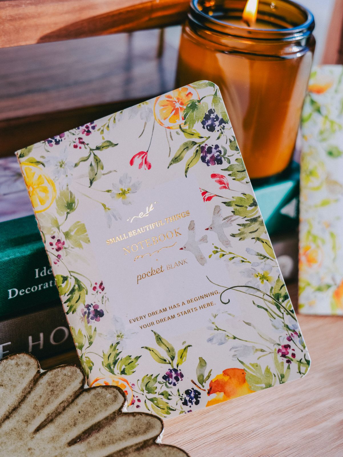 Meow Illustration Passport-sized Gold Foil Slim Notebook - Rainbow and Birds