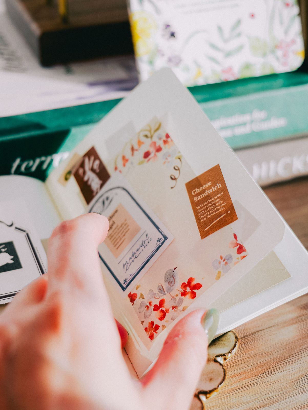 Meow Illustration Passport-sized Gold Foil Slim Notebook - Rainbow and Birds