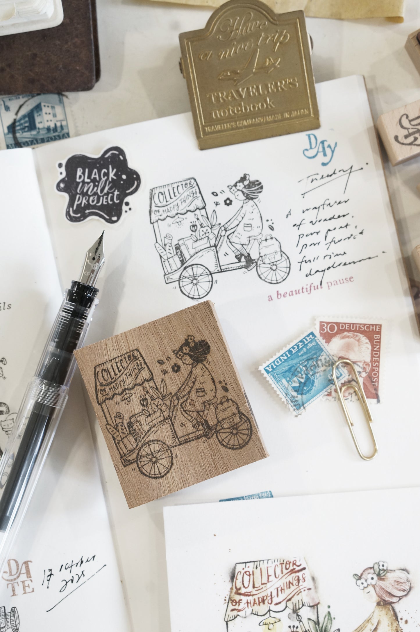 Black Milk Project "Traveling Stationer" Series Rubber Stamp - Girl On Cart