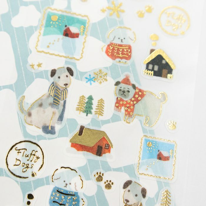 Furukawashiko Gold Foil Washi Sticker Sheet - Dog in Snowy World, Winter Limited