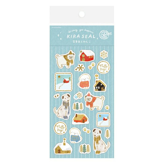 Furukawashiko Gold Foil Washi Sticker Sheet - Dog in Snowy World, Winter Limited