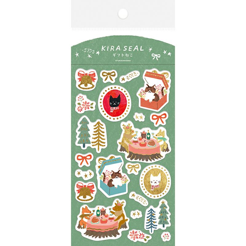 Furukawashiko Gold Foil Washi Sticker Sheet - Gift Cat, Winter Limited