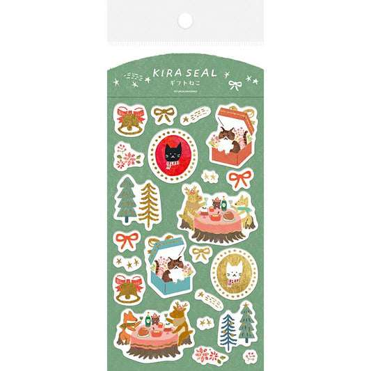 Furukawashiko Gold Foil Washi Sticker Sheet - Gift Cat, Winter Limited