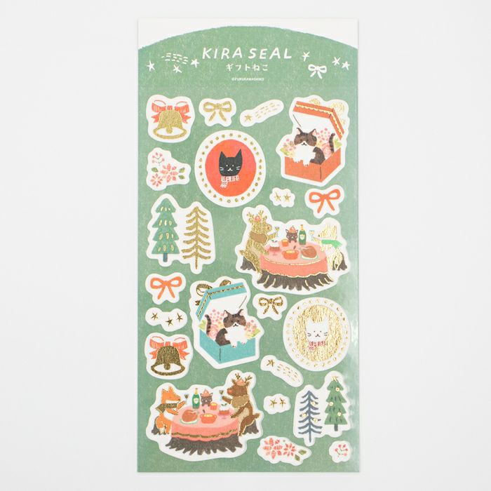 Furukawashiko Gold Foil Washi Sticker Sheet - Gift Cat, Winter Limited