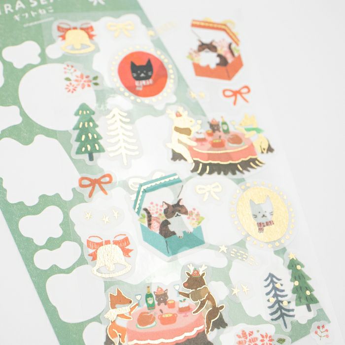 Furukawashiko Gold Foil Washi Sticker Sheet - Gift Cat, Winter Limited