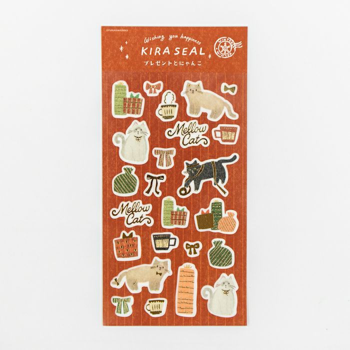 Furukawashiko Gold Foil Washi Sticker Sheet - Cat and Present, Winter Limited