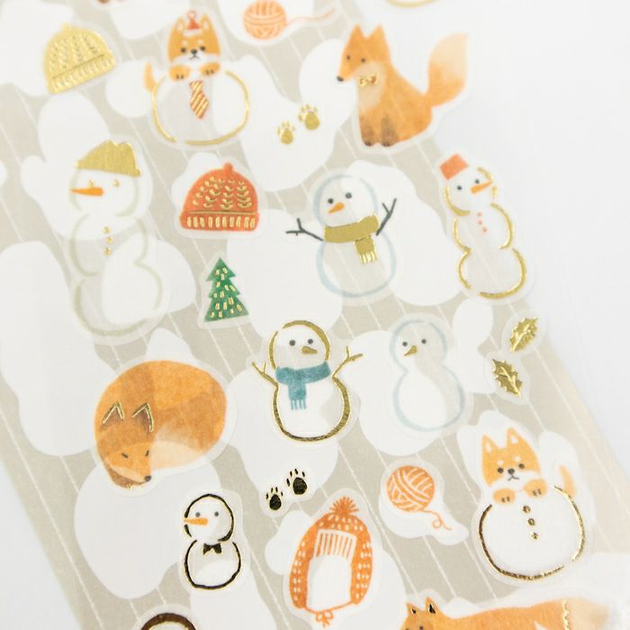 Furukawashiko Gold Foil Washi Sticker Sheet - Snowman and Fox, Winter Limited