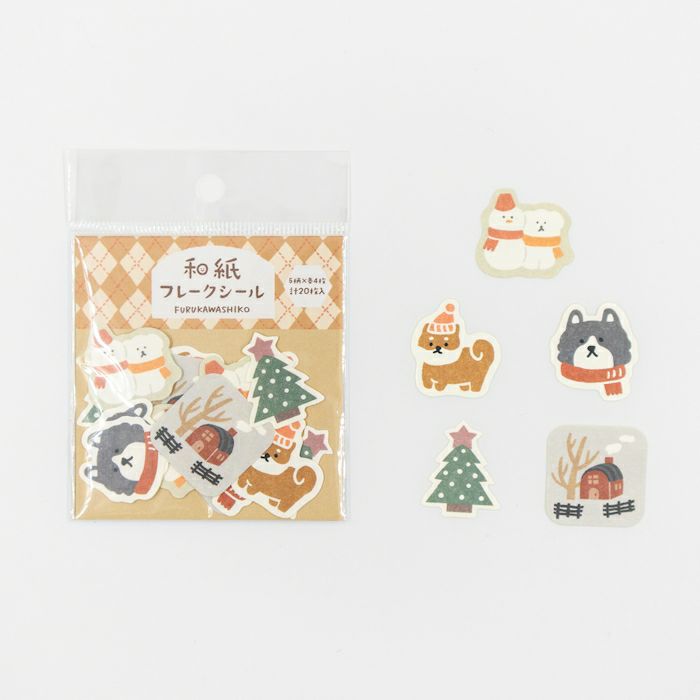 Furukawashiko Washi Flake Seal Sticker Packet - Dog and Snow, Winter Limited
