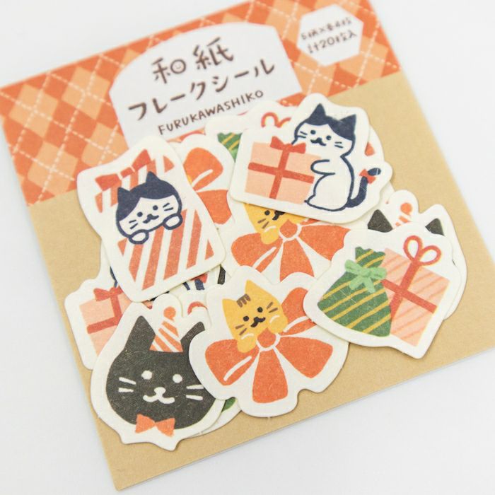 Furukawashiko Washi Flake Seal Sticker Packet - Cat and Present, Winter Limited