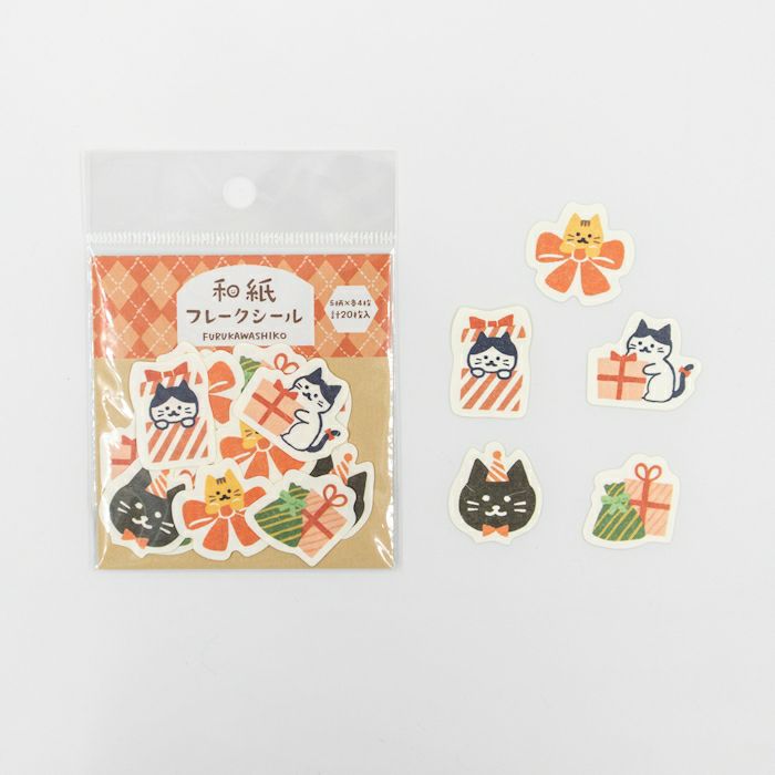 Furukawashiko Washi Flake Seal Sticker Packet - Cat and Present, Winter Limited