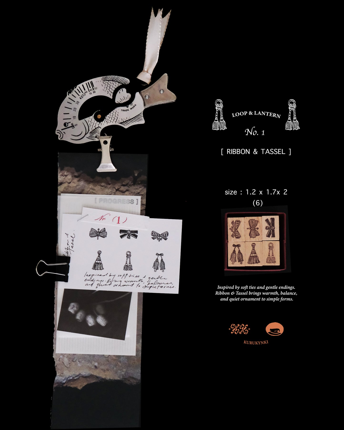 kurukynki Rubber Stamp - Loops & Lantern, No.1 Ribbon& Tassel