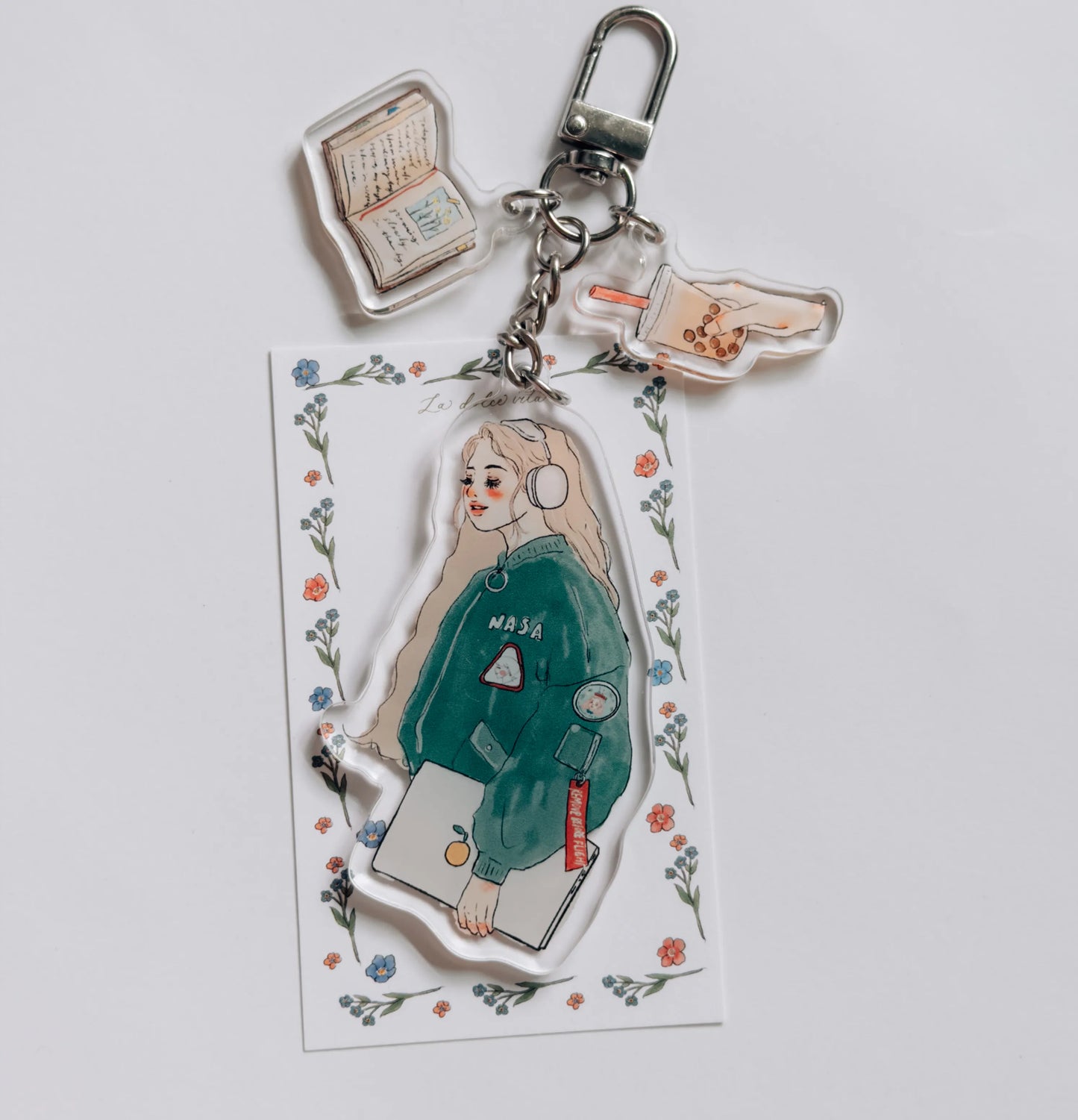 La Dolce Vita Acrylic Key Chain - Music Girl with Books and Boba