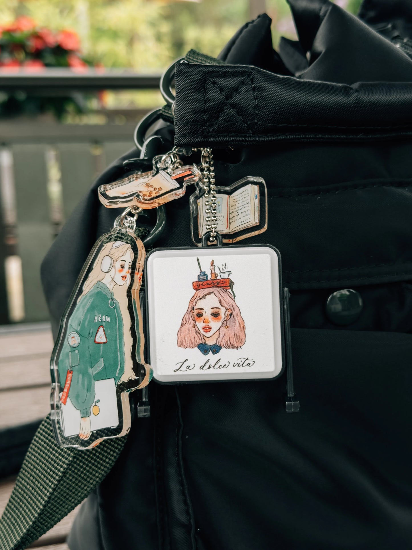 La Dolce Vita Acrylic Key Chain - Music Girl with Books and Boba