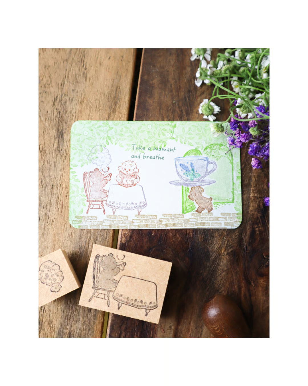 meriBun Rubber Stamp - Little Bear and Afternoon Tea Stand