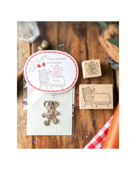 meriBun Rubber Stamp - Little Bear and Afternoon Tea Stand