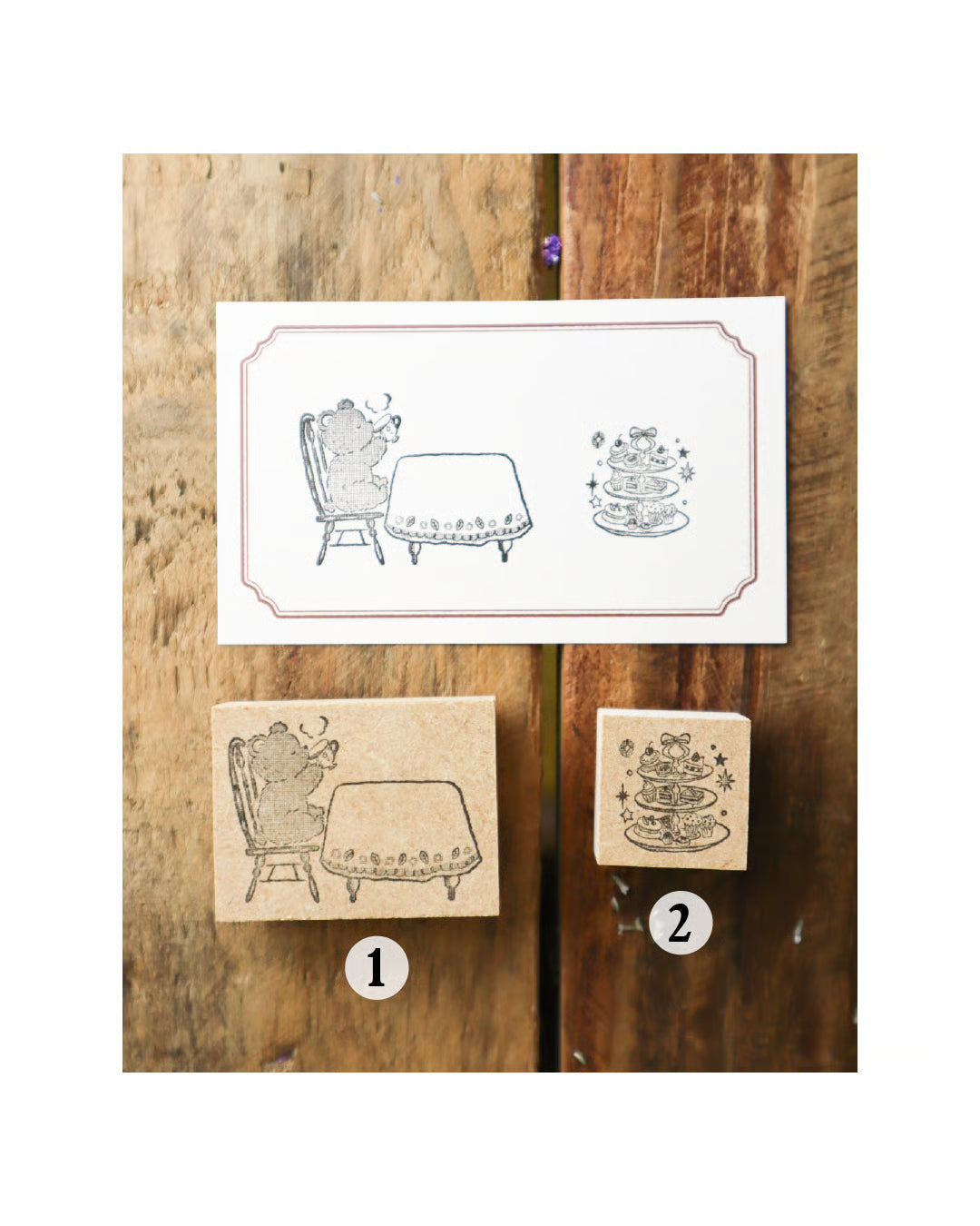meriBun Rubber Stamp - Little Bear and Afternoon Tea Stand