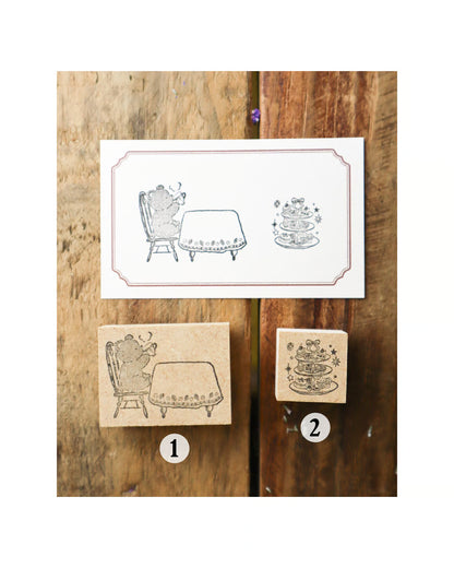 meriBun Rubber Stamp - Little Bear and Afternoon Tea Stand