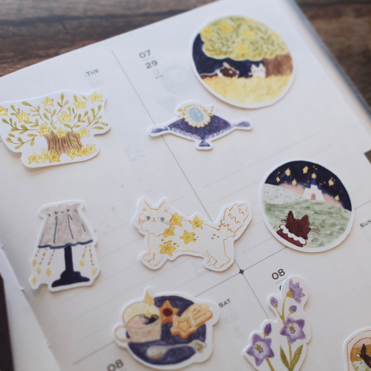 Teayou x Pinky Elephant Gold Foil Flake Sticker Packet - Cat and Stars