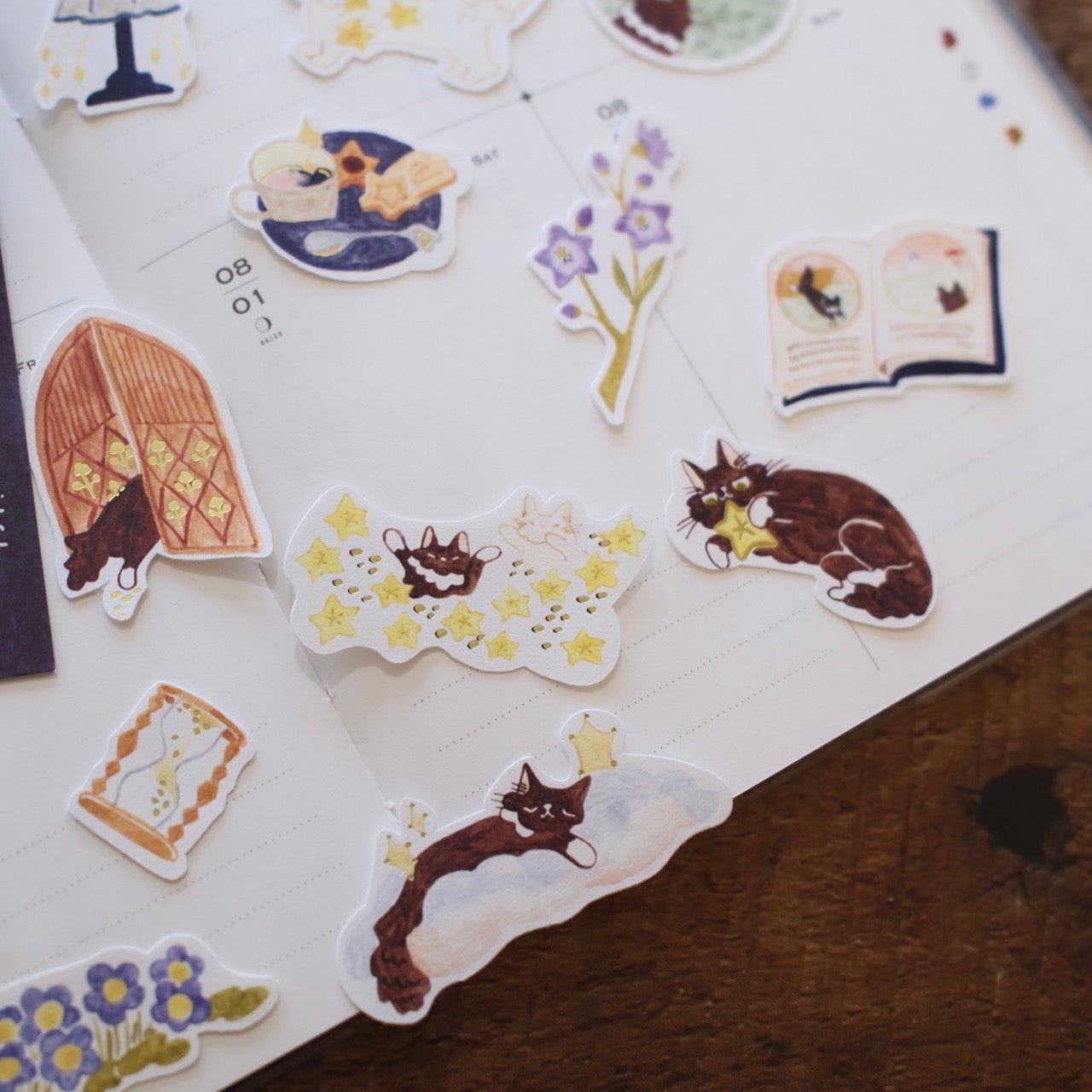 Teayou x Pinky Elephant Gold Foil Flake Sticker Packet - Cat and Stars