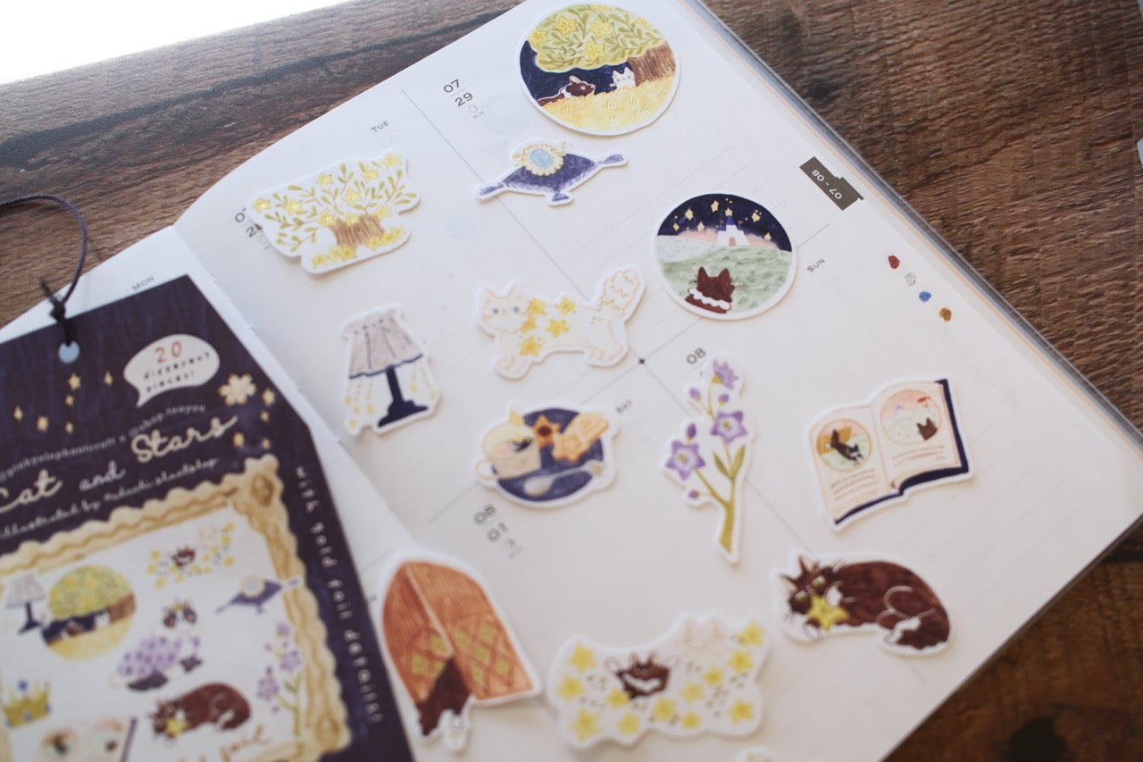 Teayou x Pinky Elephant Gold Foil Flake Sticker Packet - Cat and Stars