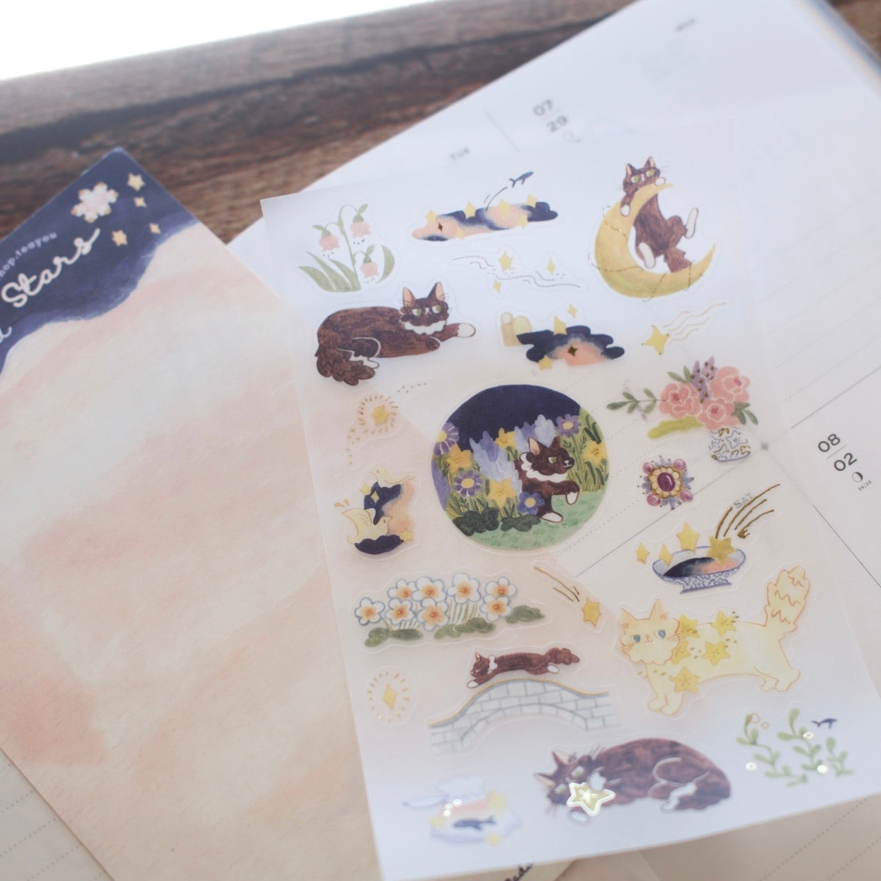 Teayou x Pinky Elephant Gold Foil Sticker Sheet - Cat and Stars