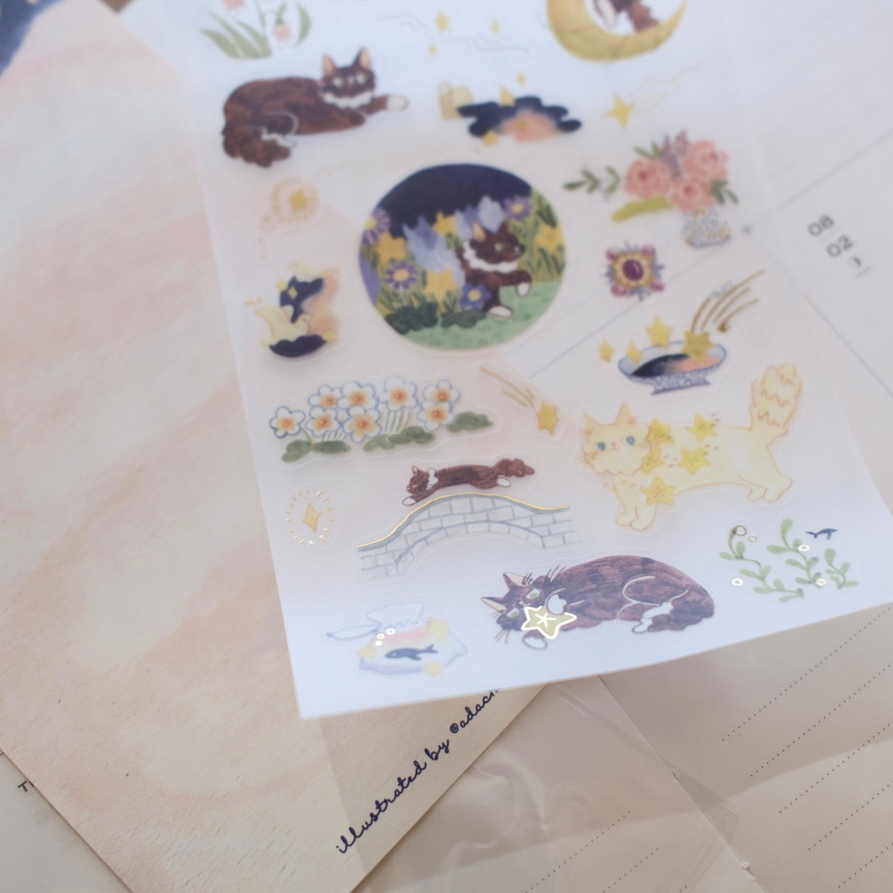 Teayou x Pinky Elephant Gold Foil Sticker Sheet - Cat and Stars