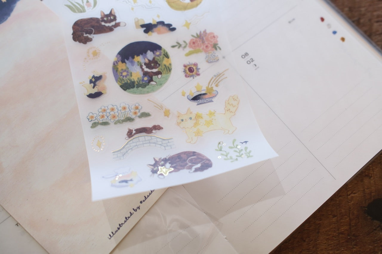 Teayou x Pinky Elephant Gold Foil Sticker Sheet - Cat and Stars