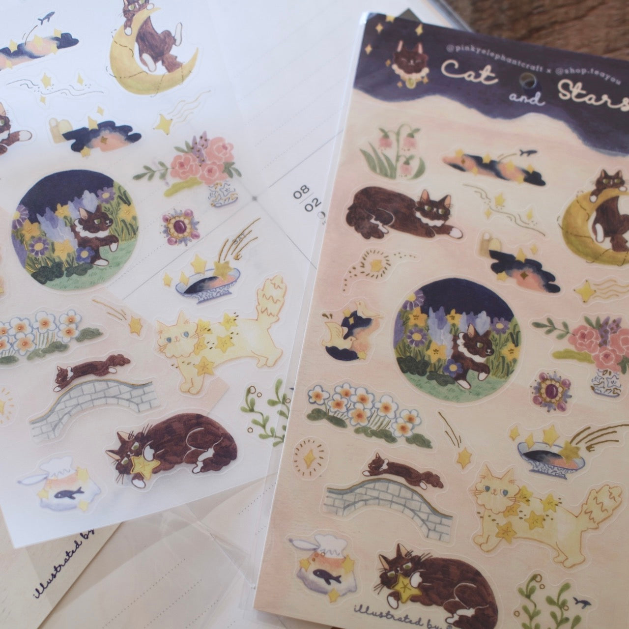 Teayou x Pinky Elephant Gold Foil Sticker Sheet - Cat and Stars